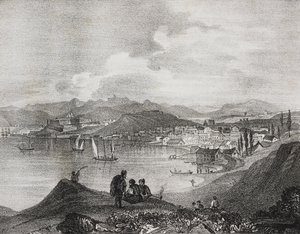 Udsigt over Korfu fra Mount Oliveto, Ioniske Øer, Grækenland, litografi af Salvatore Puglia fra Poliorama Pittoresco, n 25, 25. januar af Salvatore Puglia
