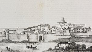 Udsigt over Crotone, Calabrien, Italien, litografi af Salvatore Puglia fra Poliorama Pittoresco, n 12, 26. oktober af Salvatore Puglia