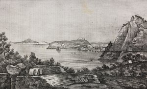 Udsigt over Posillipo fra monsignor Di Pietros terrasse, Campania, Italien, litografi af Salvatore Puglia fra Poliorama Pittoresco, n 32, 16. marts af Salvatore Puglia