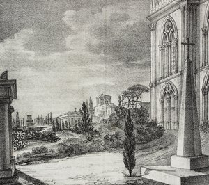 Udsigt over kirkegården fra gotisk kloster, Napoli, Campania, Italien, litografi af Salvatore Puglia fra Poliorama Pittoresco, n 34, 1. april af Salvatore Puglia