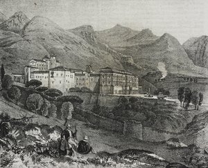 Udsigt over klostret San Martino delle Scale nær Palermo, Sicilien, Italien, litografi af Salvatore Puglia fra Poliorama Pittoresco, n 47, 2. juli af Salvatore Puglia