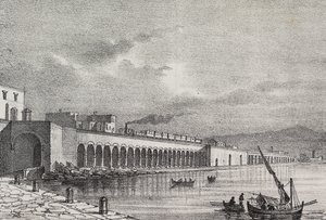Udsigt over jernbanen ved Torre Annunziata, Campania, Italien, litografi af Gaetano Riccio fra Poliorama Pittoresco, n 21, 31. december af Salvatore Puglia