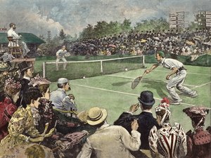 Lawn Tennis Championship i Wimbledon 1891, W Baddeley og J Pim konkurrerer i finalen (koloreret stik)