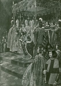 Overrækkelsen af sporer og sværd ved kroningen af Henrik VI (litografi)