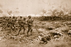 Deres sidste håb: Demoraliserede tyske soldater beder om nåde fra de fremrykkende britiske tropper (litho)