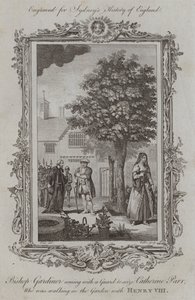 Biskop Gardiner kommer med en vagt for at gribe Catherine Parr, som gik i haven med Henrik VIII (gravering)