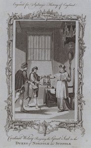 Kardinal Wolsey overgiver det store segl til hertugerne af Norfolk og Suffolk (gravering) af Samuel (after) Wale
