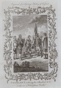 Charles I beordrede sin standard til at blive opført på Nottingham Castle (gravering) af Samuel (after) Wale