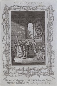 Dunstan trækker kong Edwy fra sin gemalinde, dronning Ethelgiva på sin kroningsdag (gravering) af Samuel (after) Wale
