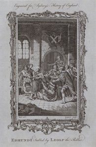 Edmund I stukket af Leolf røveren (gravering) af Samuel (after) Wale