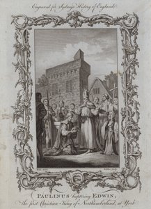 Paulinus døber Edwin, den første kristne konge af Northumberland, i York (gravering) af Samuel (after) Wale