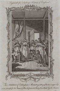 Abbedissen af Coldingham-klosteret skærer hendes næse og overlæbe som et eksempel, som hendes nonner kan følge, for at undgå at blive henrykt af danskerne (gravering)