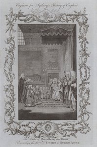 Hertugen af Queensberry og Dover præsenterer Unionsloven til dronning Anne (gravering) af Samuel (after) Wale