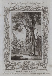 Guvernøren i Meaux henrettet på træet, hvorpå han plejede at hænge sine engelske fanger (gravering) af Samuel (after) Wale
