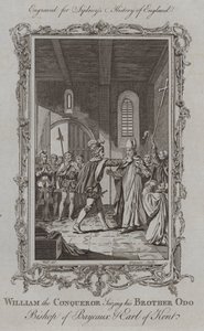 Vilhelm Erobreren griber sin bror Odo biskop af Bayeux og jarl af Kent (stik)
