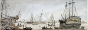 "Et indisk skib, der er sat til reparation på Themsen, med en beskrivelse af de almindelige aktiviteter på det kongelige skibsværft i Deptford. af Samuel Atkins