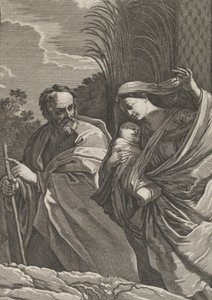 Flugten til Ægypten, Jomfruen bærer spædbarnet Kristus, Josef peger på..., ca. 1635-57. af Samuel Bernard