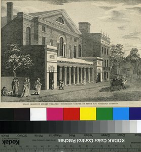 First Chestnut Street Theatre, Northeast Corner of Fifth and Chestnut Streets, ca. 1820 (træsnit) af Samuel Castner