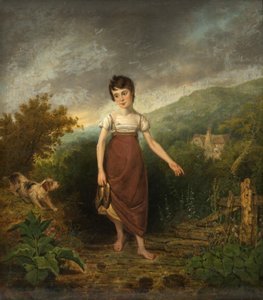 En pige krydser en strøm (olie på panel) af Samuel Colman