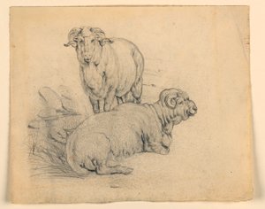 Tegning, studie. To væddere, ca. 1850 af Samuel Colman