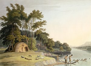 A Korah Hottentot Village on the Left Bank of the Orange River, plade 1 fra "African Scenery and Animals", graveret af kunstneren, 1804 (akvaratint)
