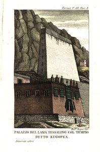 Tessaling Lamas bolig med det religiøse bygningsværk kaldet Kugopea. Illustration af løjtnant Samuel Davis fra kaptajn Samuel Turner (1759-1802) Beretning om en ambassade til domstolen for Teshoo Lama i Tibet 1800. Kobberstik af Dell
