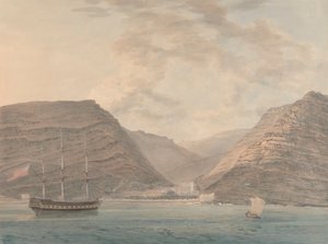 Mand af krig fortøjet i havn, bjerge i baggrunden af Samuel Davis