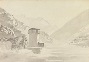 Udsigt fra broen ved Wandepore [Wangdu Phodrang] af Samuel Davis