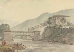Udsigt over Tashichoedzong, Bhutan og Foot Bridge af Samuel Davis