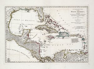 Et komplet kort over Vestindien med Floridas, Louisianas, Ny Spaniens og Terra Firmas kyster med alle øerne. af Samuel Dunn