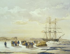 Slædefest, der forlader H.M.S. Investigator i Mercy Bay, 15. april 1853, graveret af E. Walker, udgivet af Ackermann und Co., 1854 af Samuel Gurney Cresswell