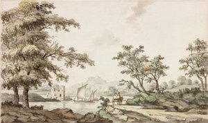 En flod med sejlbåde og en hest og vogn (blæk (sort) og akvarel på papir) af Samuel Henry Alken