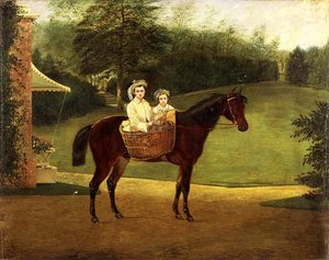 Portræt af to piger i en kuffert på en pony (olie på panel) af Samuel Henry Alken