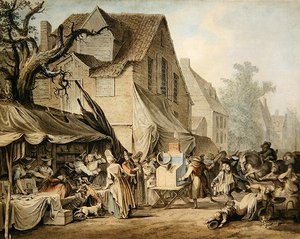 En markedsscene (pen og blæk med akvarel og blækvaske) af Samuel Hieronymous Grimm