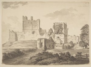 Et billede i tusch af Prudhoe Castle i Ovingham sogn (tusch på papir) af Samuel Hieronymous Grimm