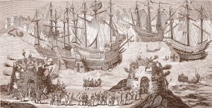 Henry VIII, der går om bord i Dover, fra det store tryk udgivet af The Royal Society of Antiquities