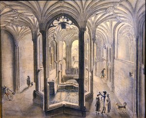 Indvendig udsigt af Holywell Spa, North Wales (akvarel med pen og blæk på papir) af Samuel Hieronymous Grimm