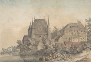 Udsigt over en landsby ved siden af en flod, 1766.