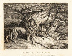 Et æsel braser højlydt mod bytte, mens det er på jagt med en løve. 1811 (ætsning)