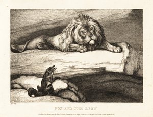 En ræv nærmer sig tåbeligt en hanløve i sin hule. 1811 (ætsning) af Samuel Howitt
