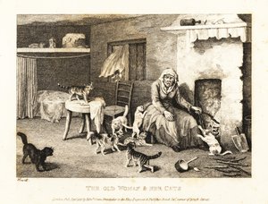 Gammel hage sad ved ildstedet i en kro omgivet af katte. 1811 (ætsning)