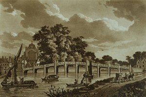 Hampton Court Bridge, illustration fra "Picturesque Views of the River Thames", pub. 1799 (ætsning, akvatint) af Samuel Ireland