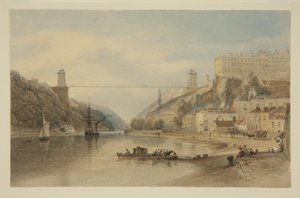 View on the Avon at Hotwells: The Proposed Suspension Bridge, ca. 1836 (blyant og akvarel på papir) af Samuel Jackson