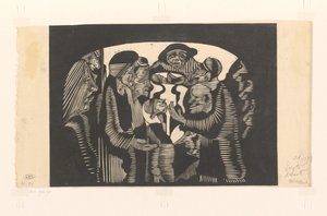 Gruppe af figurer i en bue Visionær fantasi: gruppe af figurer, indkapslet i en bueform, øverst i midten en frontal mand med en hat af Samuel Jessurun de Mesquita (signed by artist)