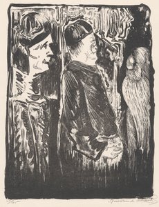Fantasy: til venstre to figurer med hatte til højre, til højre et ridset udseende med fjerdragt af Samuel Jessurun de Mesquita
