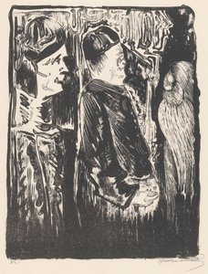 Fantasy: til venstre to figurer med hatte til højre, til højre et ridset udseende med fjerdragt af Samuel Jessurun de Mesquita