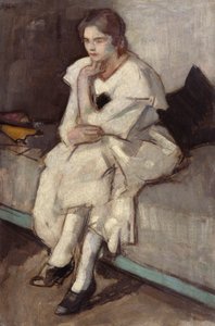 Pige i hvid kjole (olie på lærred) af Samuel John Peploe