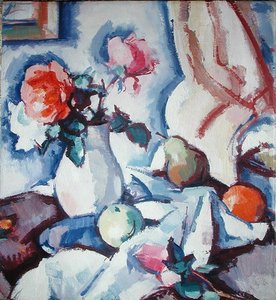 Roser i en hvid vase (olie på lærred) af Samuel John Peploe