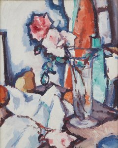 Stilleben af roser og pære (olie på lærred) af Samuel John Peploe