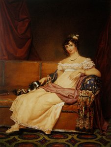 Lady Waterhouse sidder på en sofa med sin spaniel (akvarel på papir)